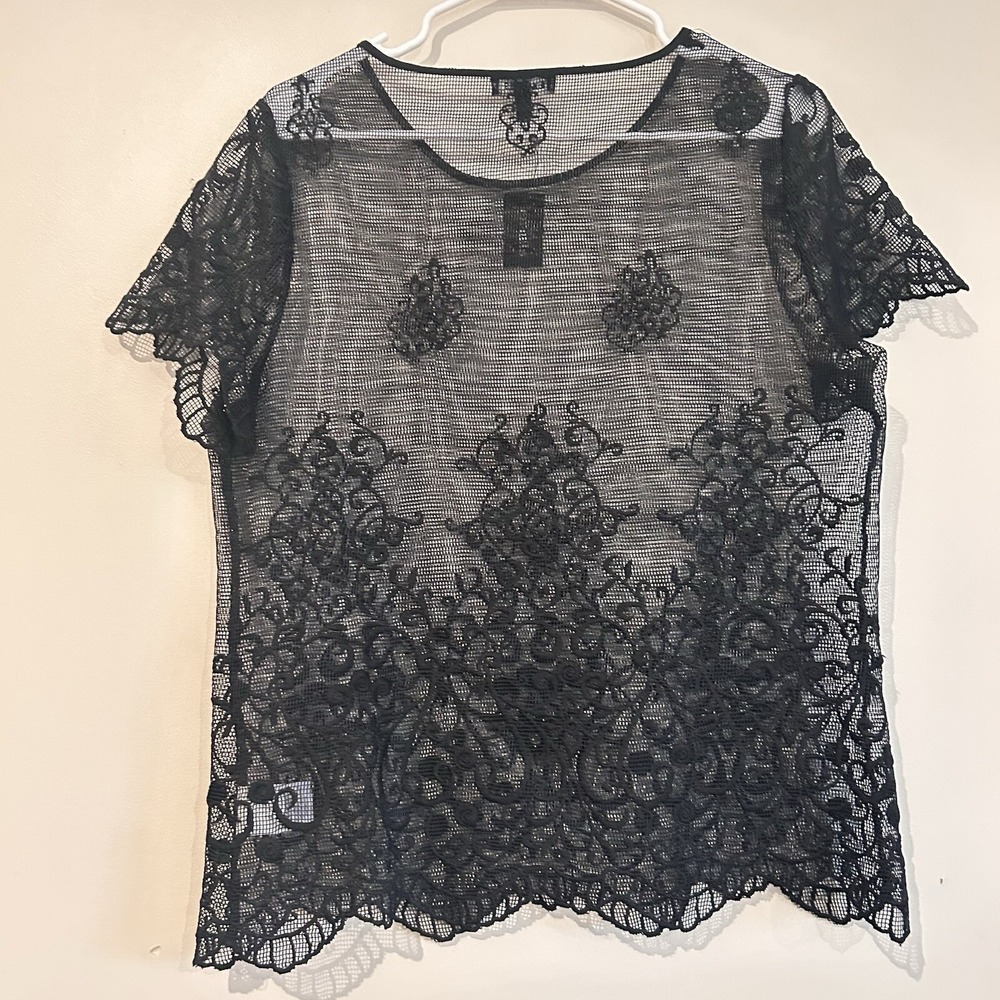 Express NWT Mesh Lace Sheer Top Sz M Short Sleeve Black Whimsigoth